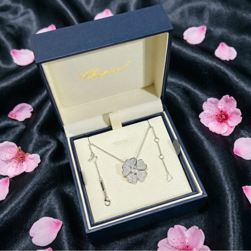 Chopard White Gold Clover Diamond Pendant Necklace with Pink Accents